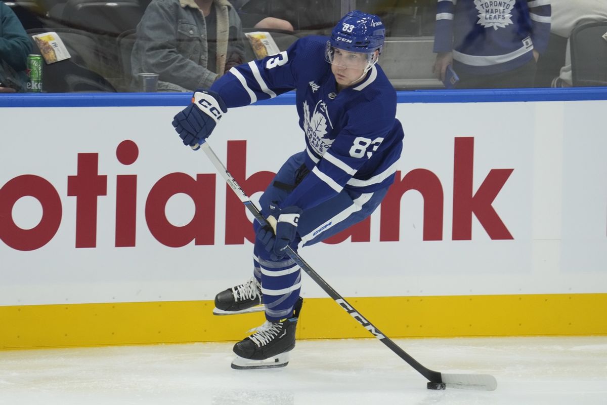 Sep 25, 2023; Toronto, Ontario, CAN; Toronto Maple Leafs defenseman Marshall Rifai (83) goes to pass the puck during warm up before a game against the Ottawa Senators at Scotiabank Arena. Mandatory Credit: John E. Sokolowski-Imagn Images