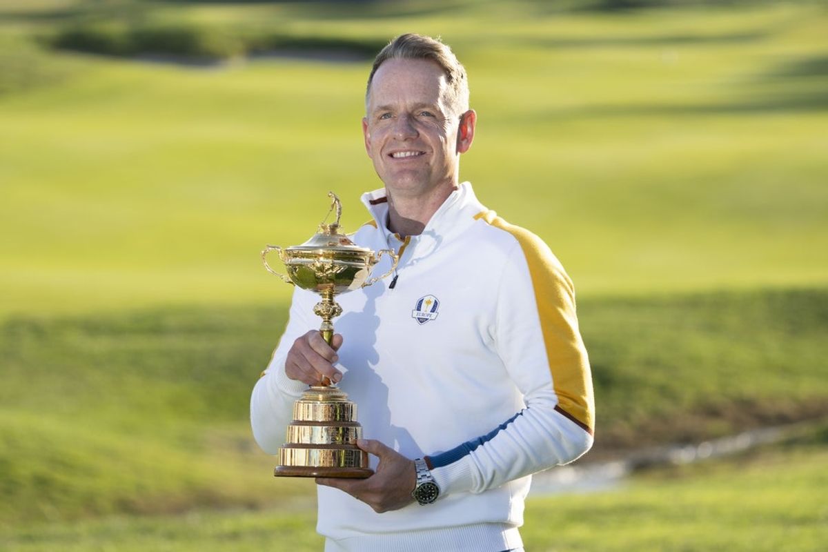 September 26, 2023; Rome, ITALY; Team Europe captain Luke Donald poses for a photo with The Ryder Cup trophy during a practice round of the Ryder Cup golf competition at Marco Simone Golf and Country Club. Mandatory Credit: Kyle Terada-Imagn Images