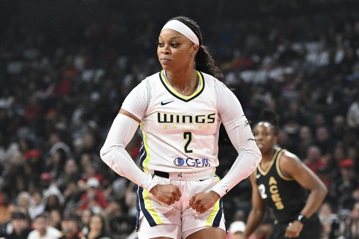 Sep 26, 2023; Las Vegas, Nevada, USA; Dallas Wings guard Odyssey Sims (2) celebrates scoring on the Las Vegas Aces during game two of the 2023 WNBA Playoffs at Michelob Ultra Arena. Mandatory Credit: Candice Ward-USA TODAY Sports
