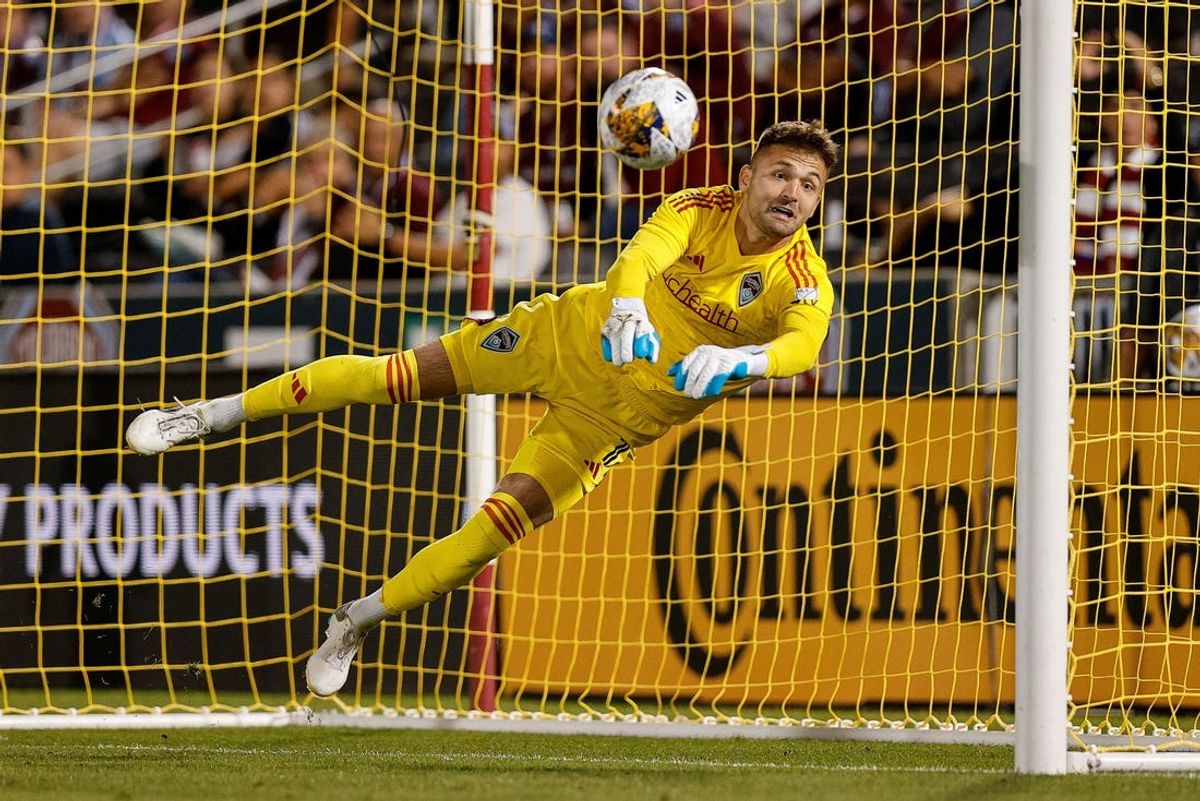Sep 27, 2023; Commerce City, Colorado, USA; Colorado Rapids goalkeeper Marko Ilic (1) makes a save in the first half against the Vancouver Whitecaps at Dick's Sporting Goods Park. Mandatory Credit: Isaiah J. Downing-USA TODAY Sports