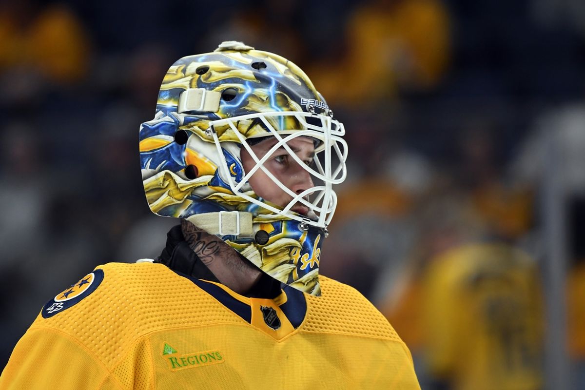 Sep 27, 2023; Nashville, Tennessee, USA; Nashville Predators goaltender Yaroslav Askarov (30) before overtime against the Tampa Bay Lightning at Bridgestone Arena. Mandatory Credit: Christopher Hanewinckel-USA TODAY Sports