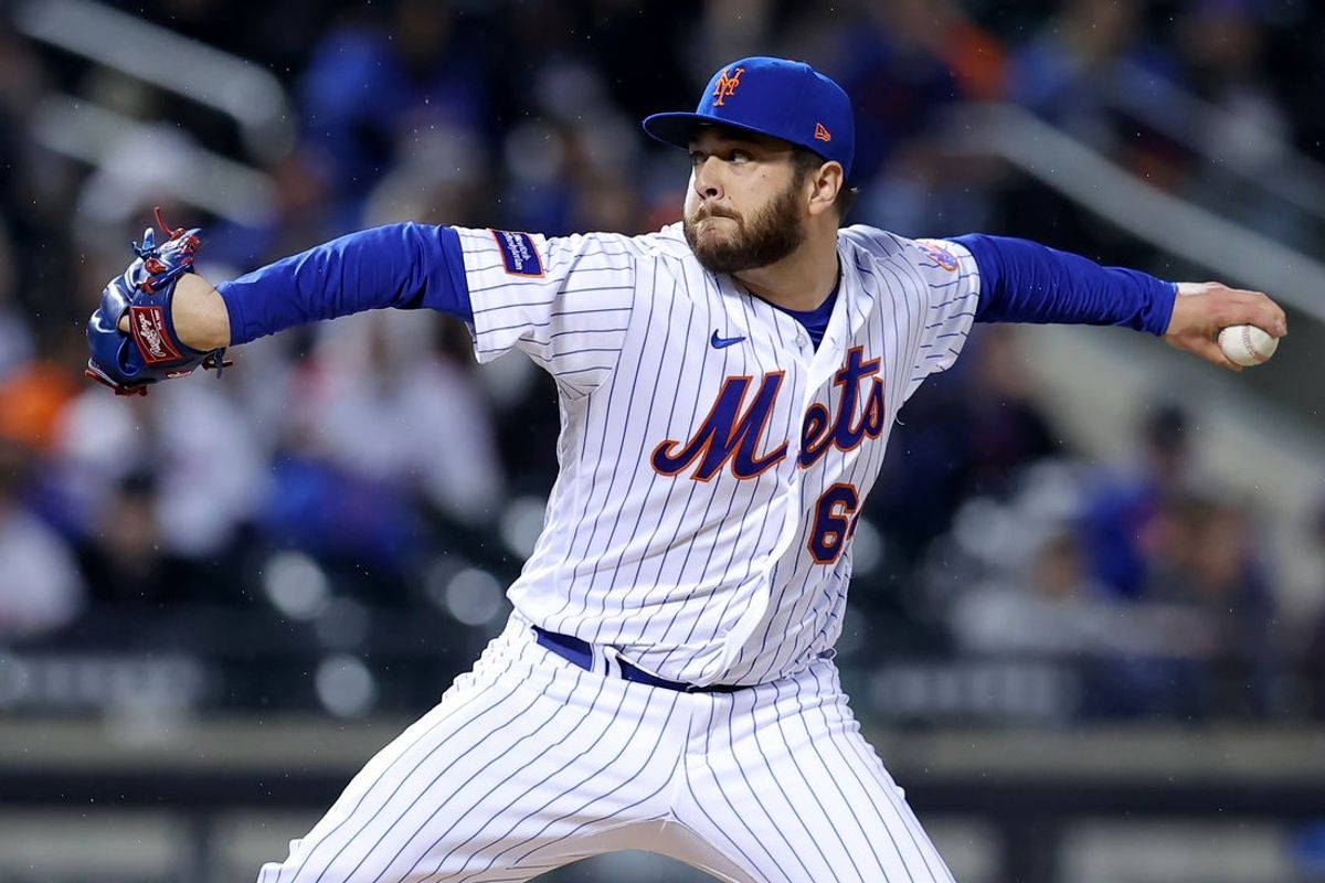 Sep 28, 2023; New York City, New York, USA; New York Mets relief pitcher Anthony Kay (64) pitches against the Miami Marlins during the ninth inning at Citi Field. Mandatory Credit: Brad Penner-Imagn Images