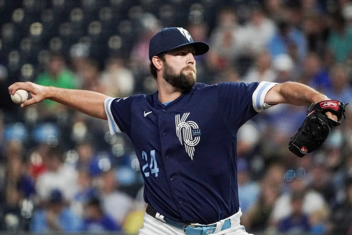 Sep 29, 2023; Kansas City, Missouri, USA; Kansas City Royals starting pitcher Jordan Lyles (24) delivers a pitch against the New York Yankees in the first inning at Kauffman Stadium. Mandatory Credit: Denny Medley-USA TODAY Sports