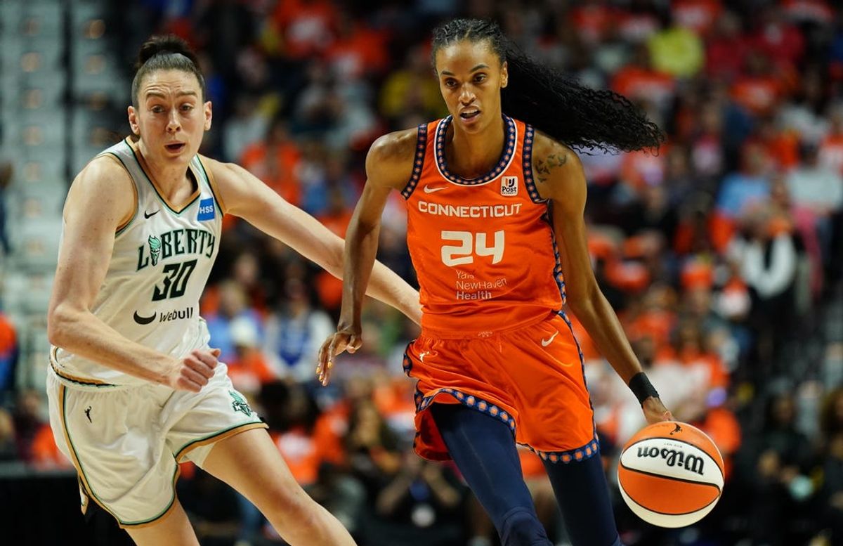 Sep 29, 2023; Uncasville, Connecticut, USA; Connecticut Sun forward DeWanna Bonner (24) returns the ball against New York Liberty forward Breanna Stewart (30) in the second half during game three of the 2023 WNBA Playoffs at Mohegan Sun Arena. Mandatory Credit: David Butler II-USA TODAY Sports