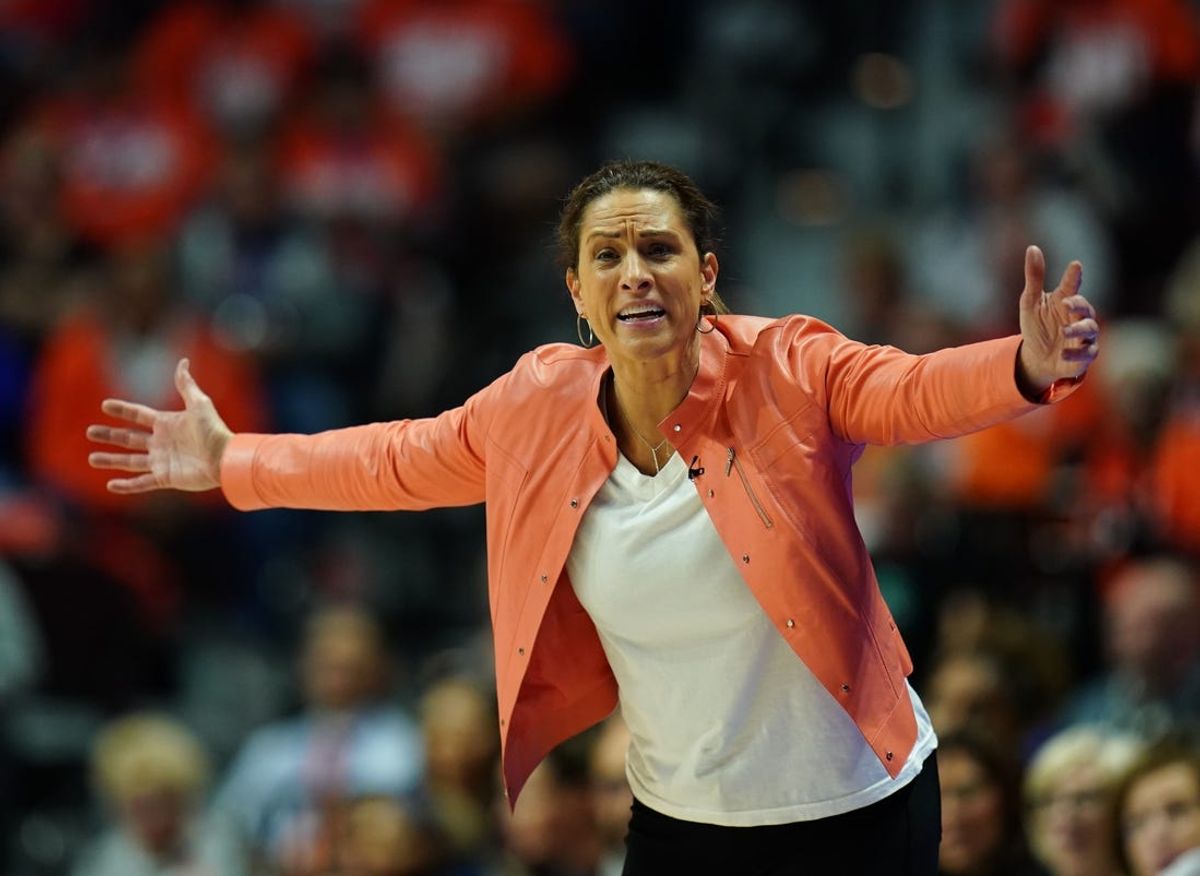 Sep 29, 2023; Uncasville, Connecticut, USA; Connecticut Sun head coach Stephanie White watches from the sideline as they take on the New York Liberty during game three of the 2023 WNBA Playoffs at Mohegan Sun Arena. Mandatory Credit: David Butler II-USA TODAY Sports