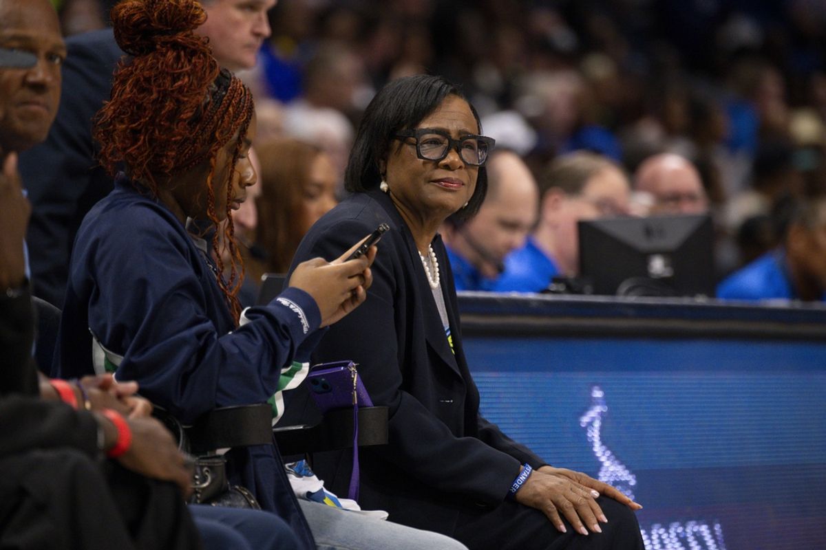 Sep 29, 2023; Arlington, Texas, USA; Dallas Mavericks CEO Cynthia Marshall watches the game between the Dallas Wings and the Las Vegas Aces during the first half during game three of the 2023 WNBA Playoffs at College Park Center. Mandatory Credit: Jerome Miron-Imagn Images