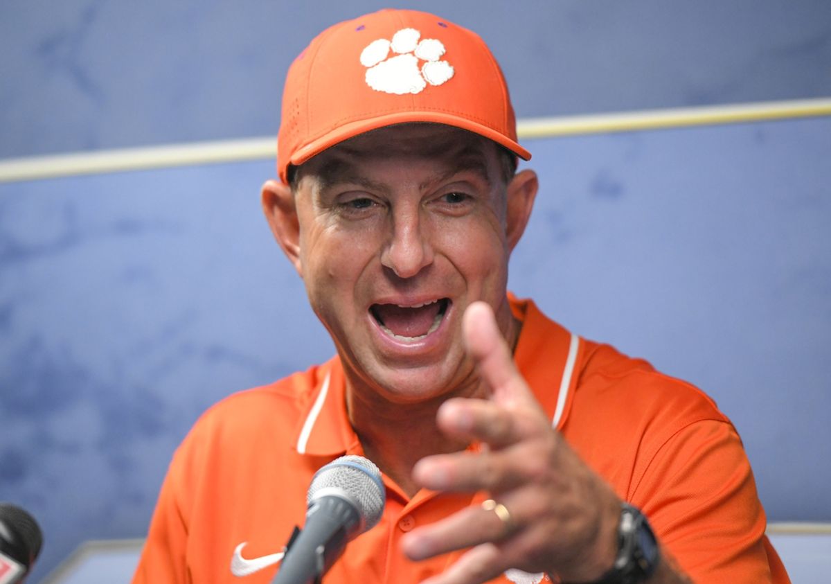 Sep 30, 2023; Syracuse, New York, USA; Clemson head coach Dabo Swinney smiles after a win over Syracuse at JMA Wireless Dome. Mandatory Credit: Ken Ruinard-Imagn Images