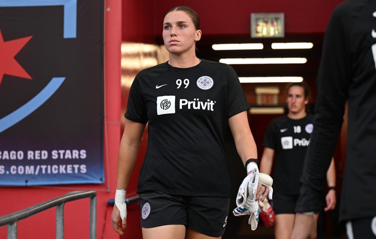 Sep 30, 2023; Bridgeview, Illinois, USA; Racing Louisville FC goalkeeper Olivia Sekany (99) enters the field before the game against the Chicago Red Stars at SeatGeek Stadium. Mandatory Credit: Daniel Bartel-USA TODAY Sports