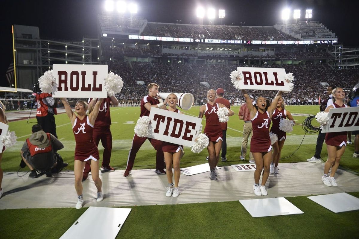 Sep 30, 2023; Starkville, Mississippi, USA;  Alabama Crimson Tide cheerleaders cheer during the game against the Mississippi State Bulldogs at Davis Wade Stadium at Scott Field. Mandatory Credit: Matt Bush-USA TODAY Sports