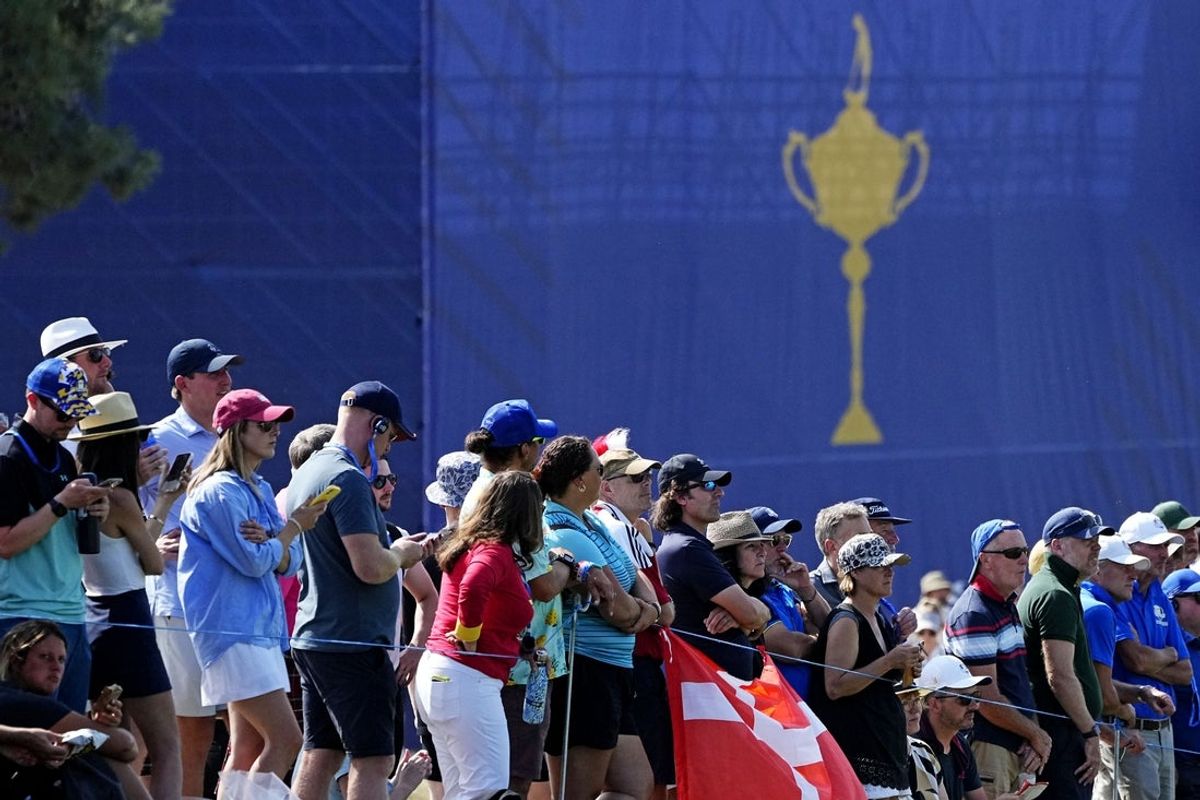 Oct 1, 2023; Rome, ITA; A view of the Ryder Cup logo on gallery stands during the final day of the 44th Ryder Cup golf competition at Marco Simone Golf and Country Club. Mandatory Credit: Adam Cairns-Imagn Images