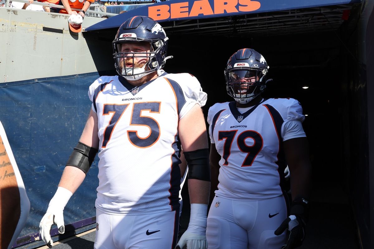 Oct 1, 2023; Chicago, Illinois, USA; Denver Broncos offensive tackle Quinn Bailey (75) takes the field before the game against the Chicago Bears at Soldier Field. Mandatory Credit: Mike Dinovo-USA TODAY Sports