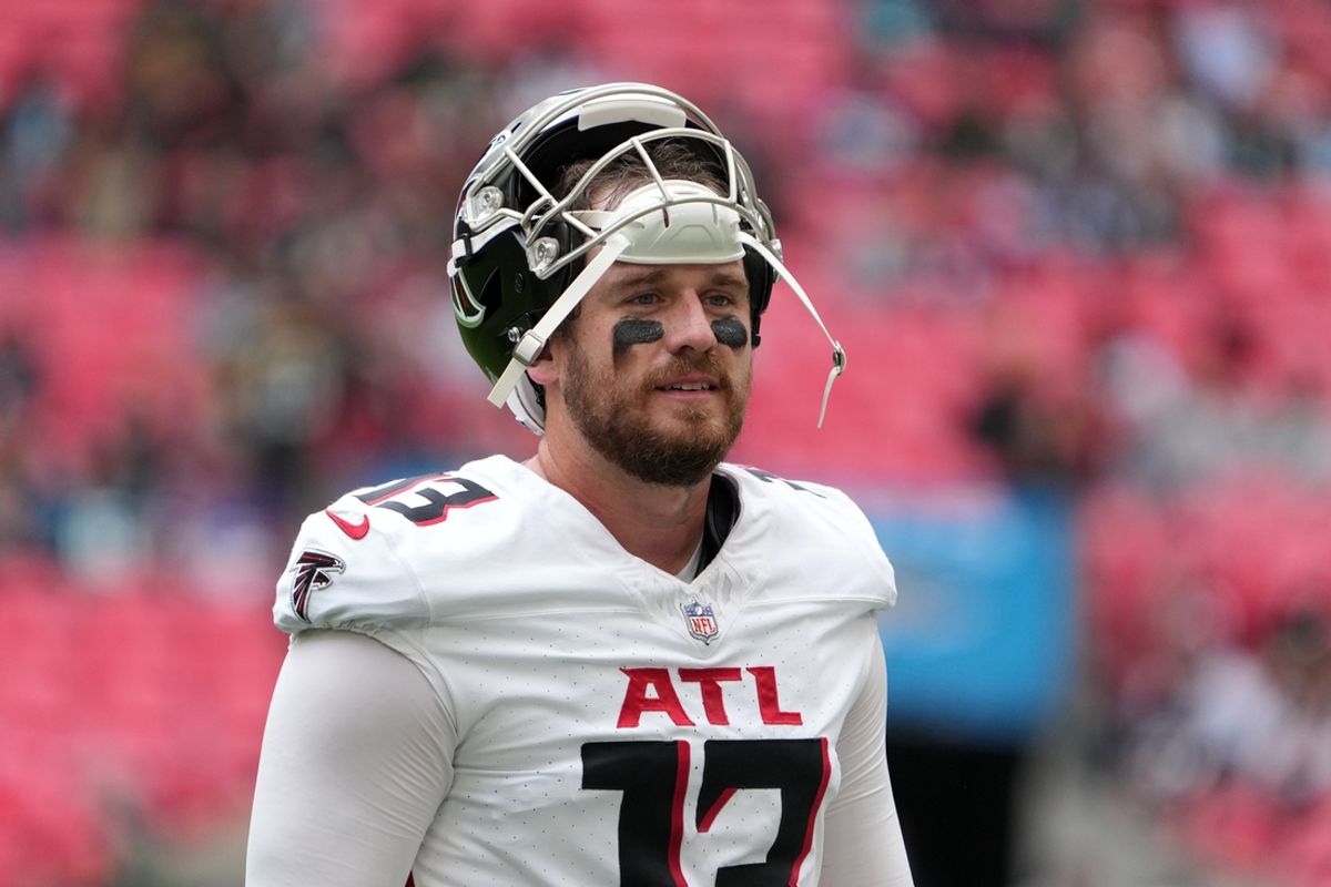 Oct 1, 2023; London, United Kingdom; Atlanta Falcons punter Bradley Pinion (13) reacts against the Jacksonville Jaguars in the first half during an NFL International Series game at Wembley Stadium. Mandatory Credit: Kirby Lee-Imagn Images