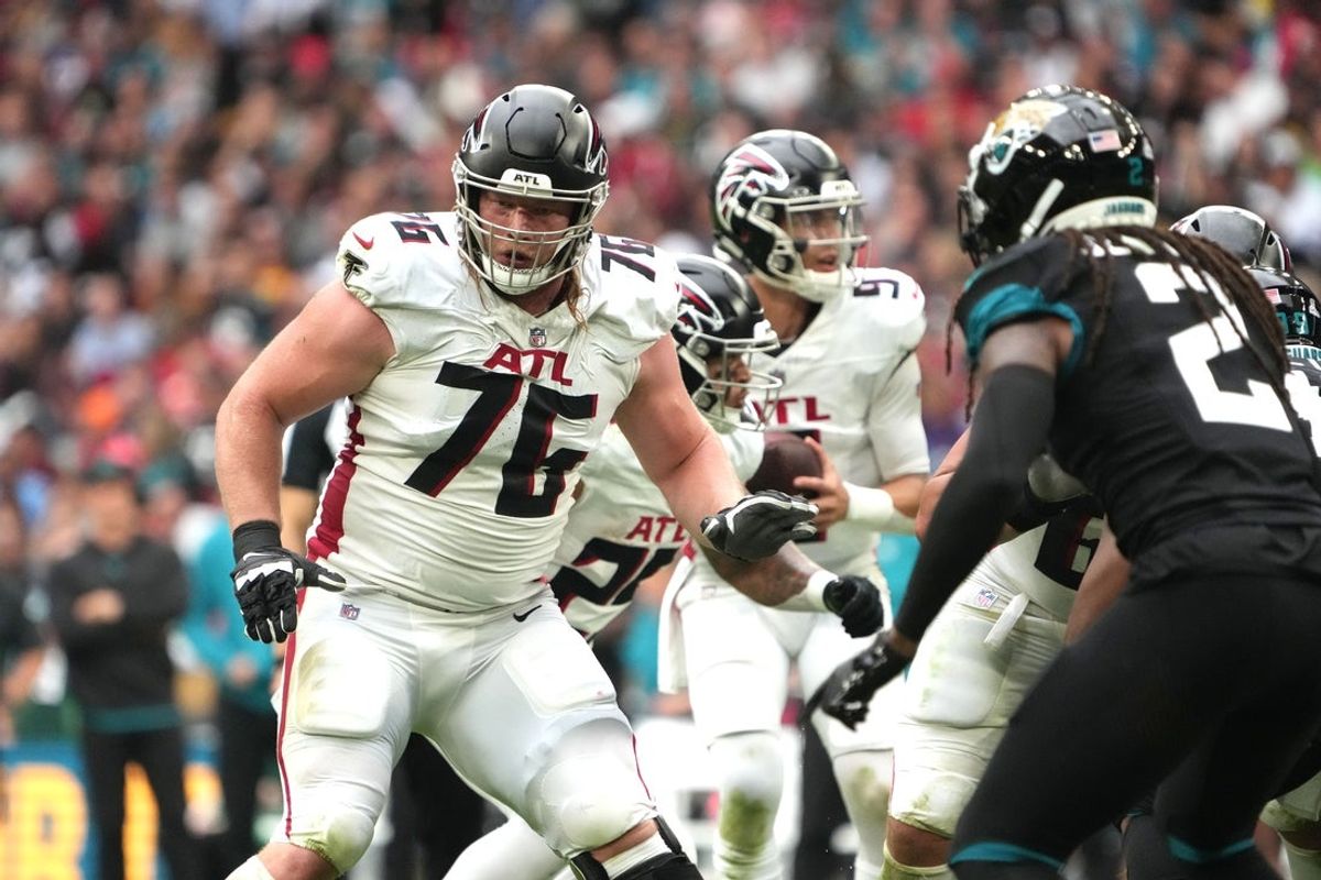 Oct 1, 2023; London, United Kingdom; Atlanta Falcons offensive tackle Kaleb McGary (76) against the Jacksonville Jaguars in the second half during an NFL International Series game at Wembley Stadium. Mandatory Credit: Kirby Lee-Imagn Images