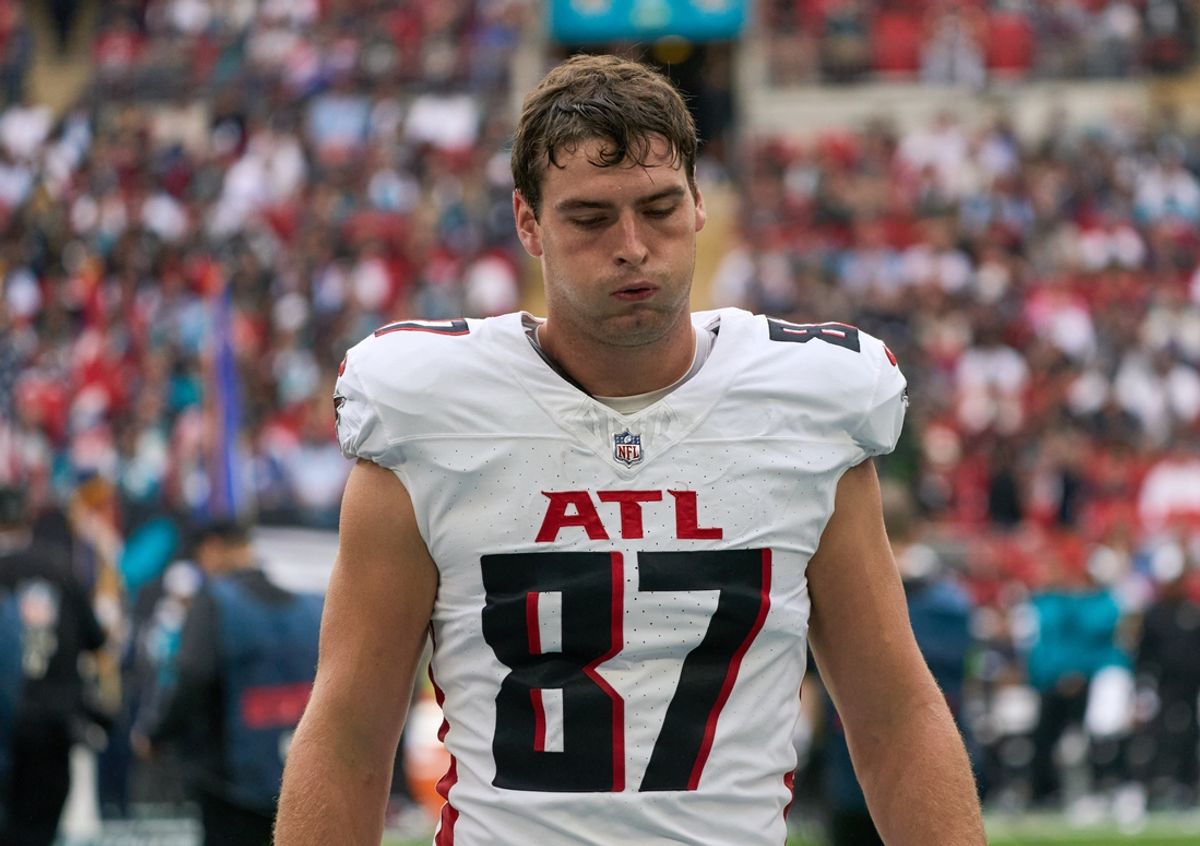 Oct 1, 2023; London, United Kingdom;  Atlanta Falcons tight end John FitzPatrick (87) reacts during the first half of an NFL International Series game at Wembley Stadium. Mandatory Credit: Peter van den Berg-Imagn Images