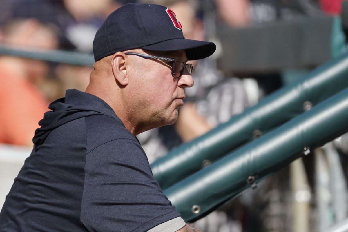 Oct 1, 2023; Detroit, Michigan, USA; Cleveland Guardians manager Terry Francona (77) in the dugout before the game against the Detroit Tigers at Comerica Park. Mandatory Credit: Rick Osentoski-Imagn Images