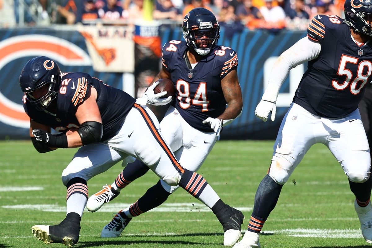 Oct 1, 2023; Chicago, Illinois, USA; Chicago Bears tight end Marcedes Lewis (84) makes a catch against the Denver Broncos during the second half at Soldier Field. Mandatory Credit: Mike Dinovo-USA TODAY Sports