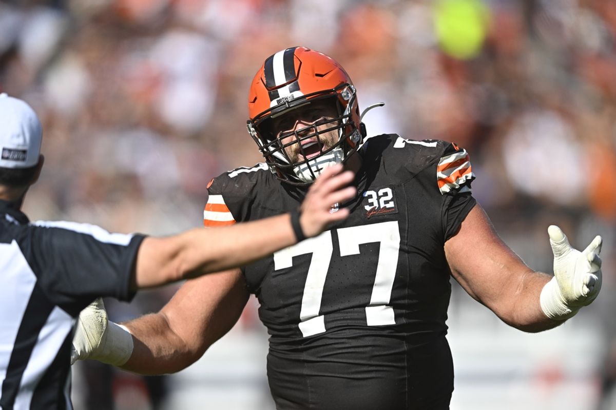 Oct 1, 2023; Cleveland, Ohio, USA; Cleveland Browns guard Wyatt Teller (77) reacts after he was flagged for a holding penalty in the third quarter against the Baltimore Ravens at Cleveland Browns Stadium. Mandatory Credit: David Richard-Imagn Images