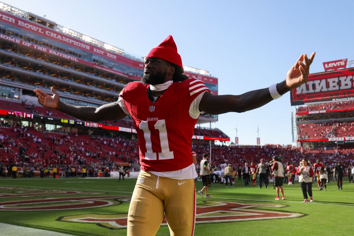 Oct 1, 2023; Santa Clara, California, USA; San Francisco 49ers wide receiver Brandon Aiyuk (11) celebrates after the game against the Arizona Cardinals at Levi's Stadium. Mandatory Credit: Sergio Estrada-USA TODAY Sports