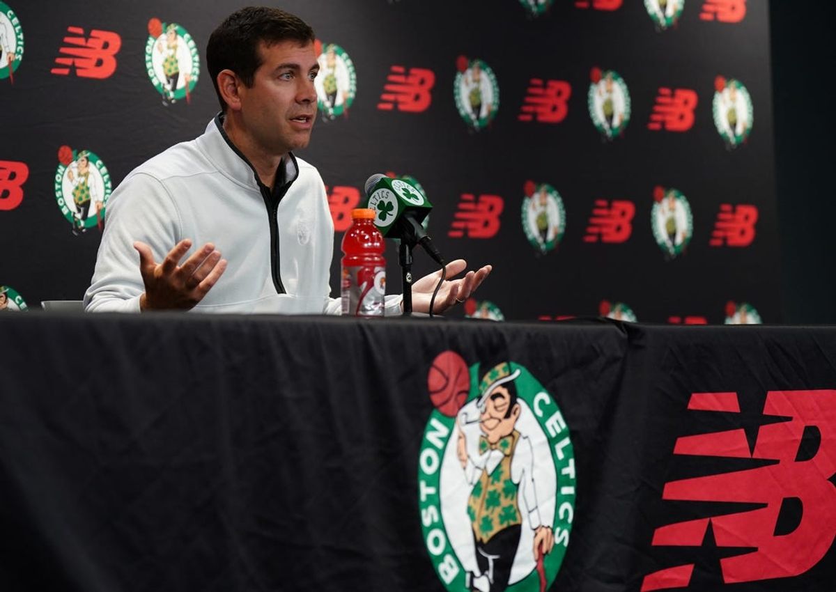 Oct 2, 2023; Boston, Celtics, USA; Boston Celtics president of basketball operations Brad Stevens talks during Boston Celtics Media Day. Mandatory Credit: David Butler II-USA TODAY Sports