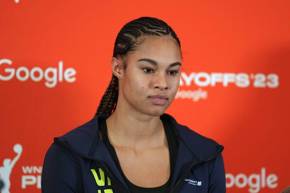 Sep 24, 2023; Las Vegas, Nevada, USA; Dallas Wings forward Satou Sabally (0) at press conference during game one of the 2023 WNBA Semifinals against the Las Vegas Aces] at Michelob Ultra Arena. The Aces defeated the Wings 97-83. Mandatory Credit: Kirby Lee-USA TODAY Sports