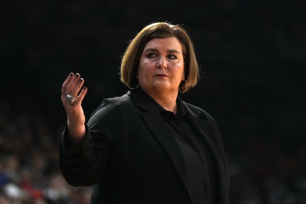 Sep 24, 2023; Las Vegas, Nevada, USA; Dallas Wings coach Latricia Trammell reacts during Game 1 of the 2023 WNBA Semifinals against the Las Vegas Aces at Michelob Ultra Arena. The Aces defeated the Wings 97-83. Mandatory Credit: Kirby Lee-Imagn Images