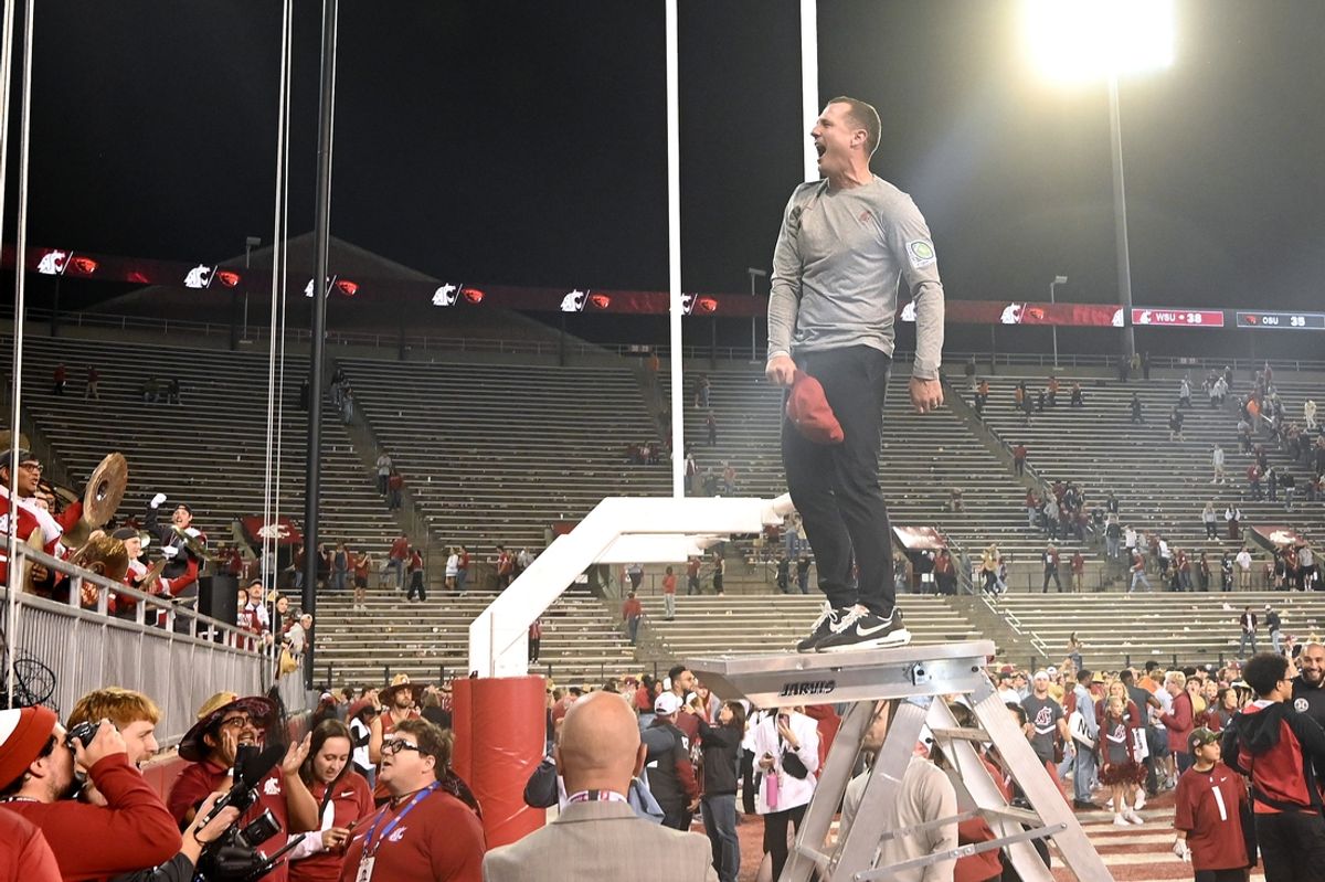 Sep 23, 2023; Pullman, Washington, USA; Washington State Cougars head coach Jake Dickert celebrates after a game against the Oregon State Beavers at Gesa Field at Martin Stadium. Mandatory Credit: James Snook-Imagn Images