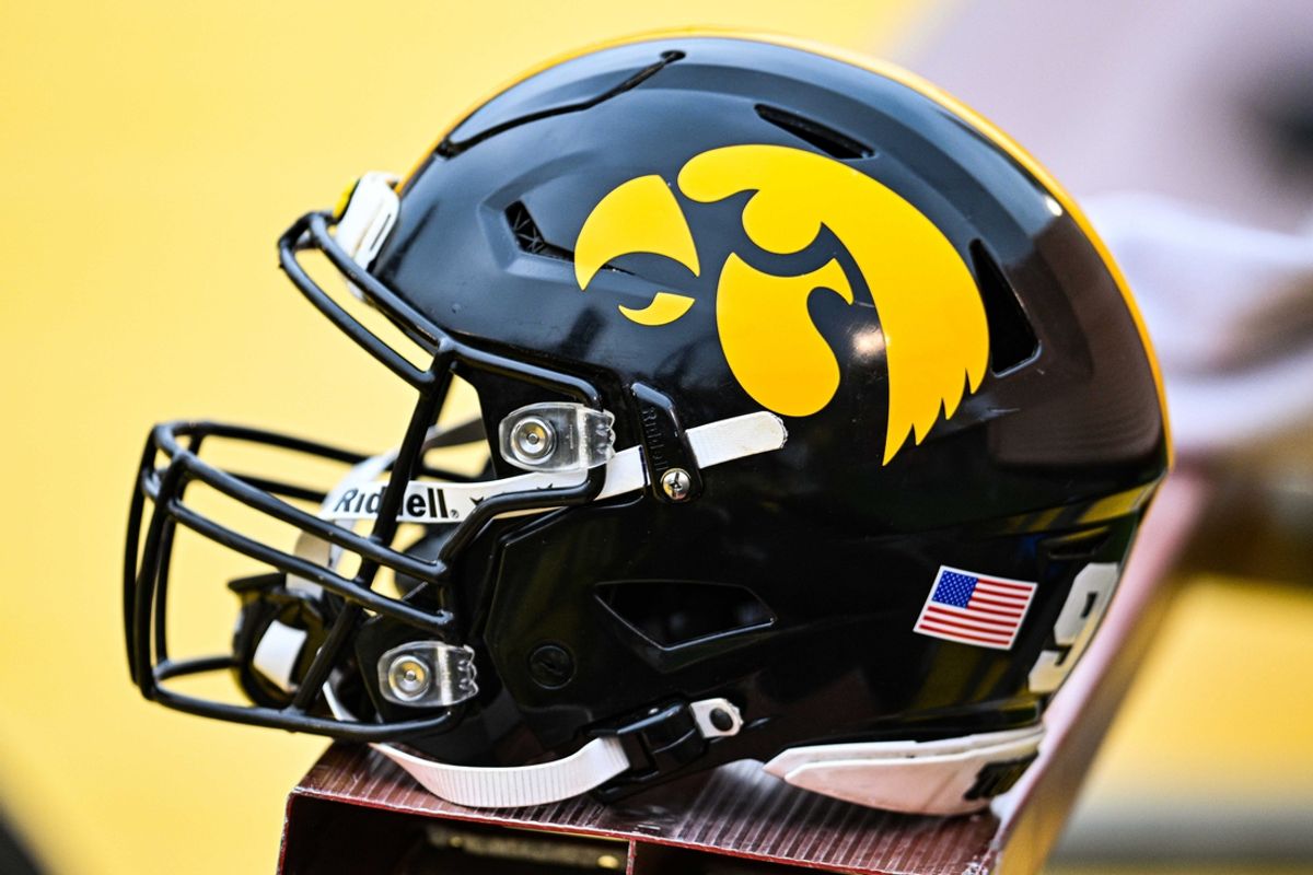 Sep 9, 2023; Ames, Iowa, USA; An Iowa Hawkeyes helmet sits ready during the game between the Iowa State Cyclones and the Iowa Hawkeyes at Jack Trice Stadium. Mandatory Credit: Jeffrey Becker-USA TODAY Sports