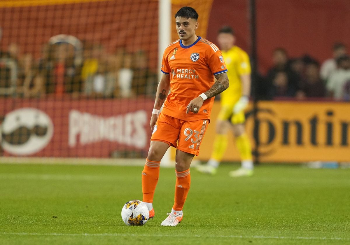 Sep 30, 2023; Toronto, Ontario, CAN; FC Cincinnati midfielder Junior Moreno (93) controls the ball against Toronto FC during the first half at BMO Field. Mandatory Credit: Nick Turchiaro-Imagn Images