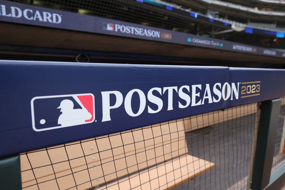 Oct 4, 2023; Minneapolis, Minnesota, USA; MLB postseason logo displayed before the game between the Minnesota Twins and the Toronto Blue Jays during game two of the Wildcard series for the 2023 MLB playoffs at Target Field. Mandatory Credit: Jesse Johnson-Imagn Images