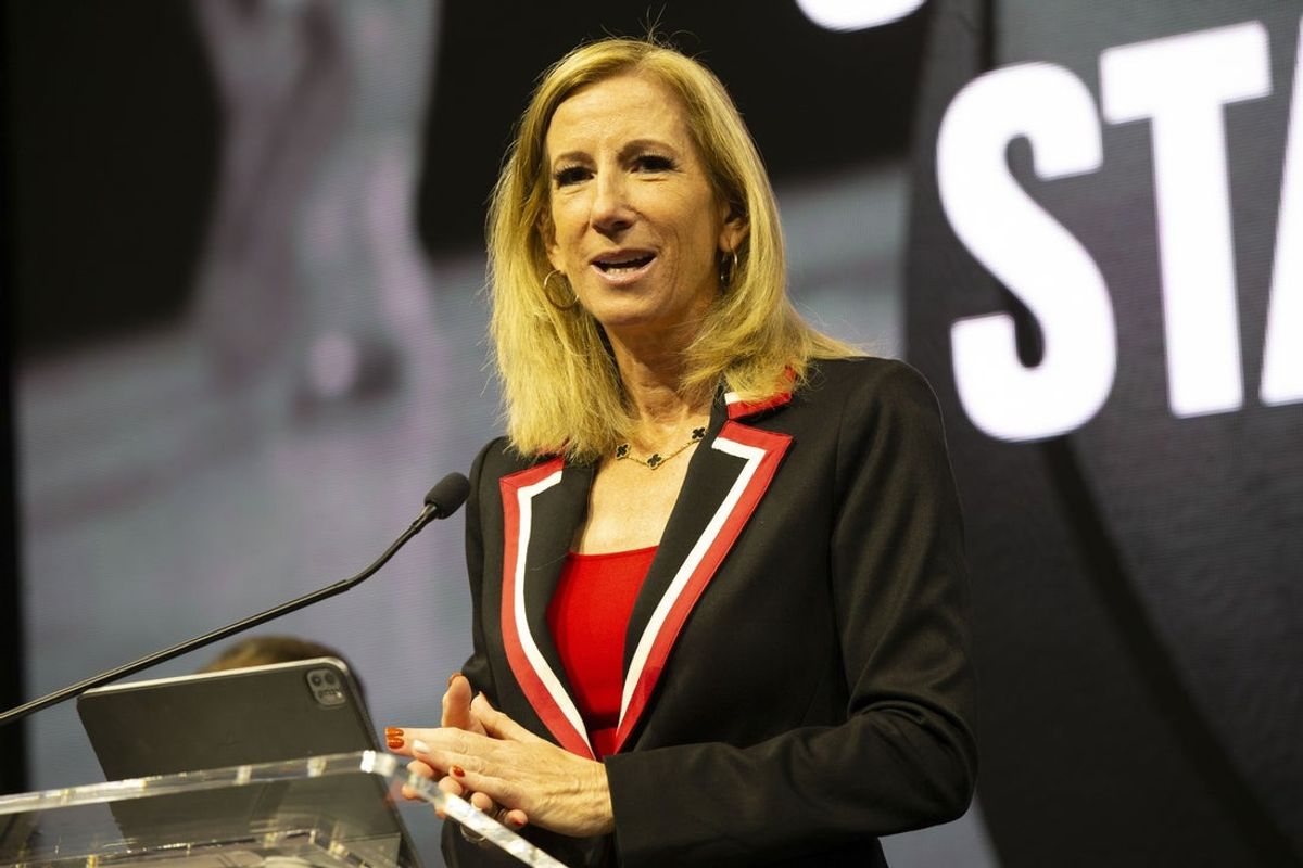 Oct 5, 2023; San Francisco, CA, USA; WNBA commissioner Cathy Engelbert makes opening remarks during a press conference to announce an expansion WNBA franchise in the San Francisco Bay Area at Chase Center. Mandatory Credit: D. Ross Cameron-Imagn Images