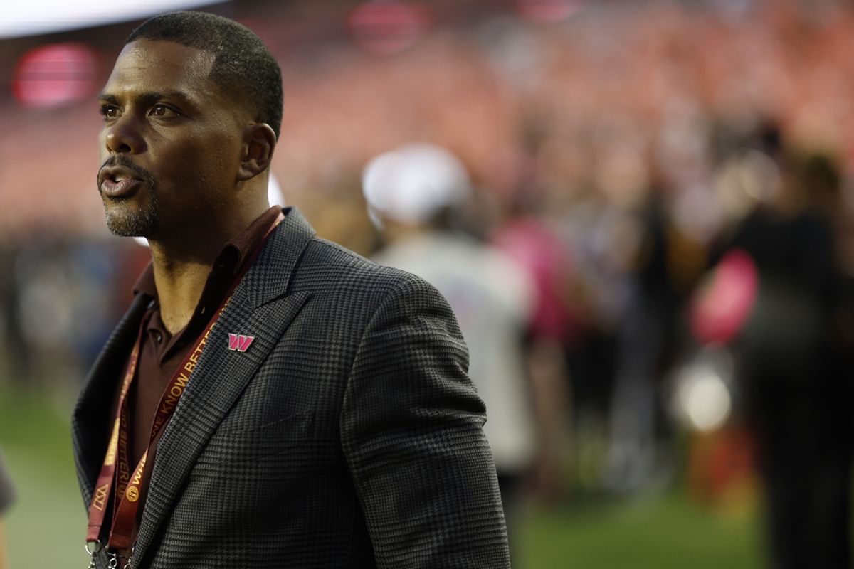 Oct 5, 2023; Landover, Maryland, USA; Washington Commanders president Jason Wright stands on the field prior to warmups before the Commanders' game against the Chicago Bears at FedExField. Mandatory Credit: Geoff Burke-USA TODAY Sports