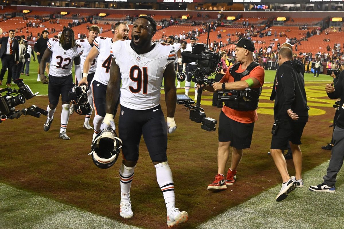 Oct 5, 2023; Landover, Maryland, USA; Chicago Bears defensive end Yannick Ngakoue (91) reacts after the game against the Washington Commanders at FedExField. Mandatory Credit: Brad Mills-Imagn Images
