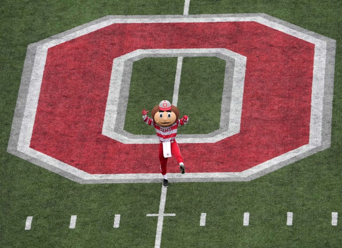 Oct. 7, 2023; Columbus, Oh., USA; 
Brutus Buckeye dances on the Block O at the 50-yard line before Saturday's NCAA Division I football game between the Ohio State Buckeyes and the Maryland Terrapins at Ohio Stadium.