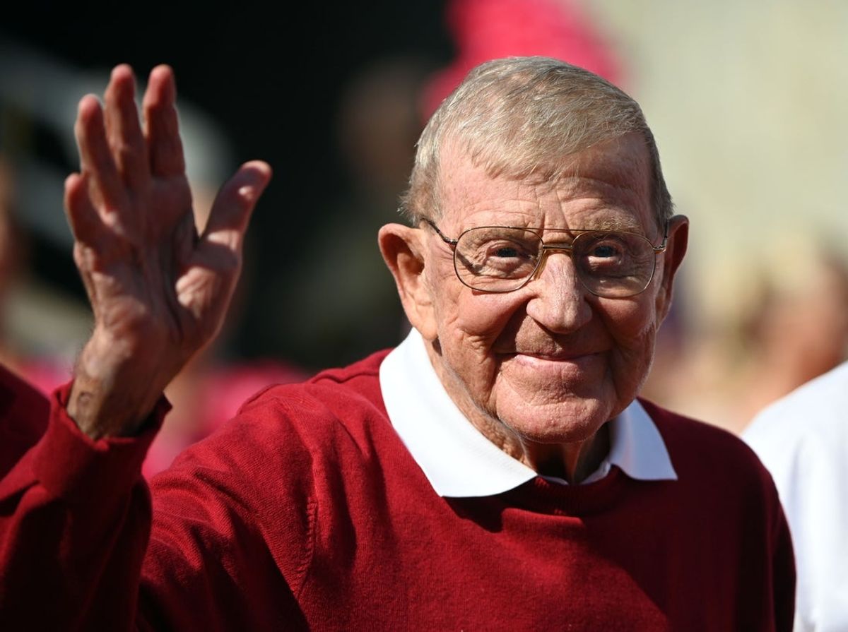 Oct 7, 2023; Raleigh, North Carolina, USA; Former North Carolina State Wolfpack head coach Lou Holtz is honored along with his 1973 football team during the first half at Carter-Finley Stadium. Mandatory Credit: Rob Kinnan-Imagn Images