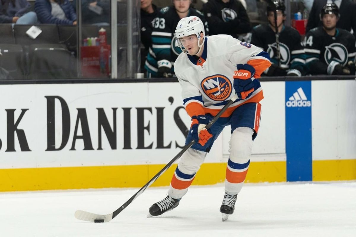 Mar 7, 2024; San Jose, California, USA; New York Islanders defenseman Noah Dobson (8) looks to pass the puck during the first period against the San Jose Sharks at SAP Center at San Jose.
