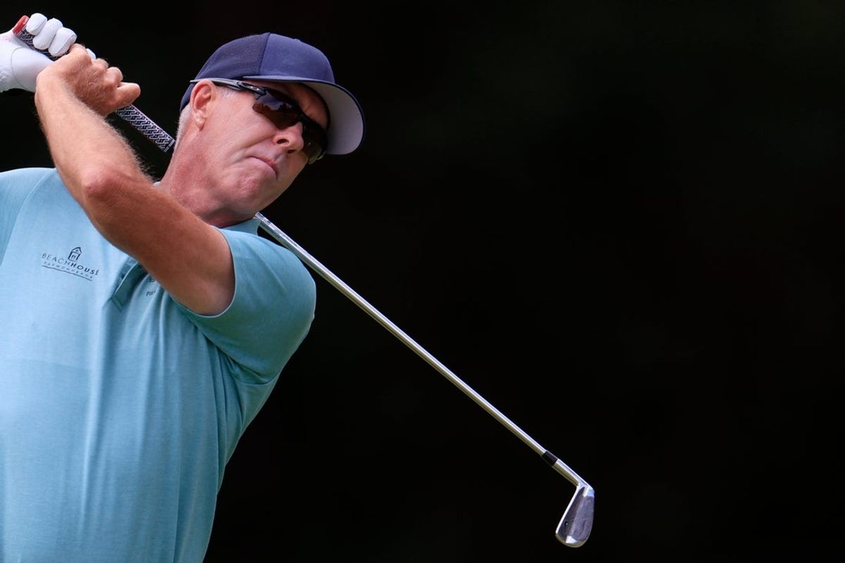 Richard Green plays his shot from the fourth tee during the third and final round of the Constellation Furyk & Friends PGA Tour Champions golf tournament Sunday, Oct. 8, 2023 at Timuquana Country Club in Jacksonville, Fla. Brett Quigley won at 11 under par, one stroke over Steven Alker. [Corey Perrine/Florida Times-Union]