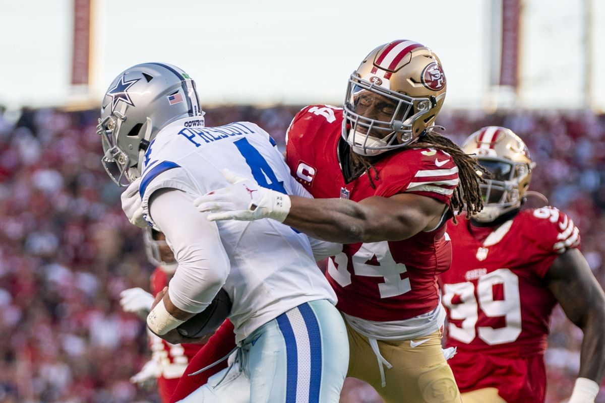 October 8, 2023; Santa Clara, California, USA; San Francisco 49ers linebacker Fred Warner (54) sacks Dallas Cowboys quarterback Dak Prescott (4) during the second quarter at Levi's Stadium. Mandatory Credit: Kyle Terada-Imagn Images