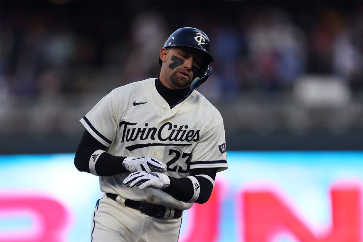 Oct 11, 2023; Minneapolis, Minnesota, USA; Minnesota Twins third baseman Royce Lewis (23) rounds the bases after hitting a solo home-run in the first inning against the Houston Astros during game four of the ALDS for the 2023 MLB playoffs at Target Field Mandatory Credit: Jesse Johnson-USA TODAY Sports