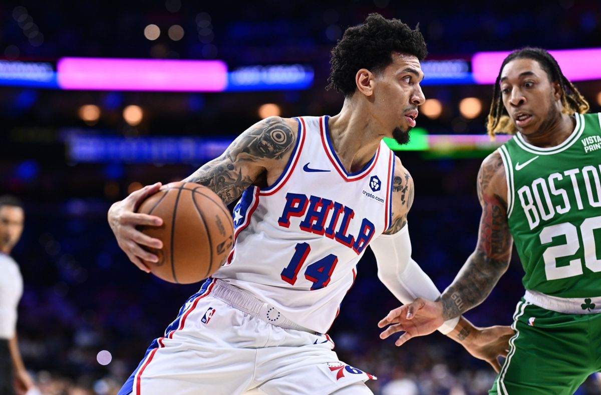 Oct 11, 2023; Philadelphia, Pennsylvania, USA; Philadelphia 76ers forward Danny Green (14) controls the ball against Boston Celtics guard JD Davidson (20) in the fourth quarter at Wells Fargo Center. Mandatory Credit: Kyle Ross-Imagn Images