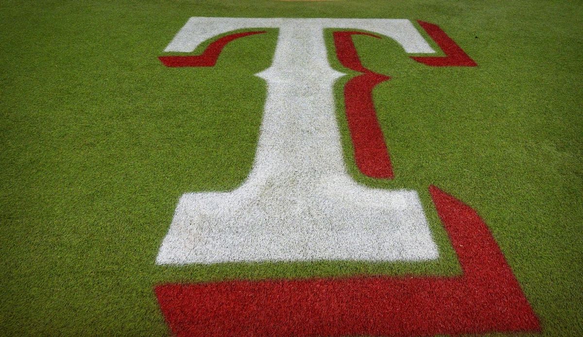 Oct 10, 2023; Arlington, Texas, USA; A view of the Texas Rangers logo on the field before the game between the Baltimore Orioles and the Rangers in game three of the ALDS for the 2023 MLB playoffs at Globe Life Field. Mandatory Credit: Jerome Miron-Imagn Images