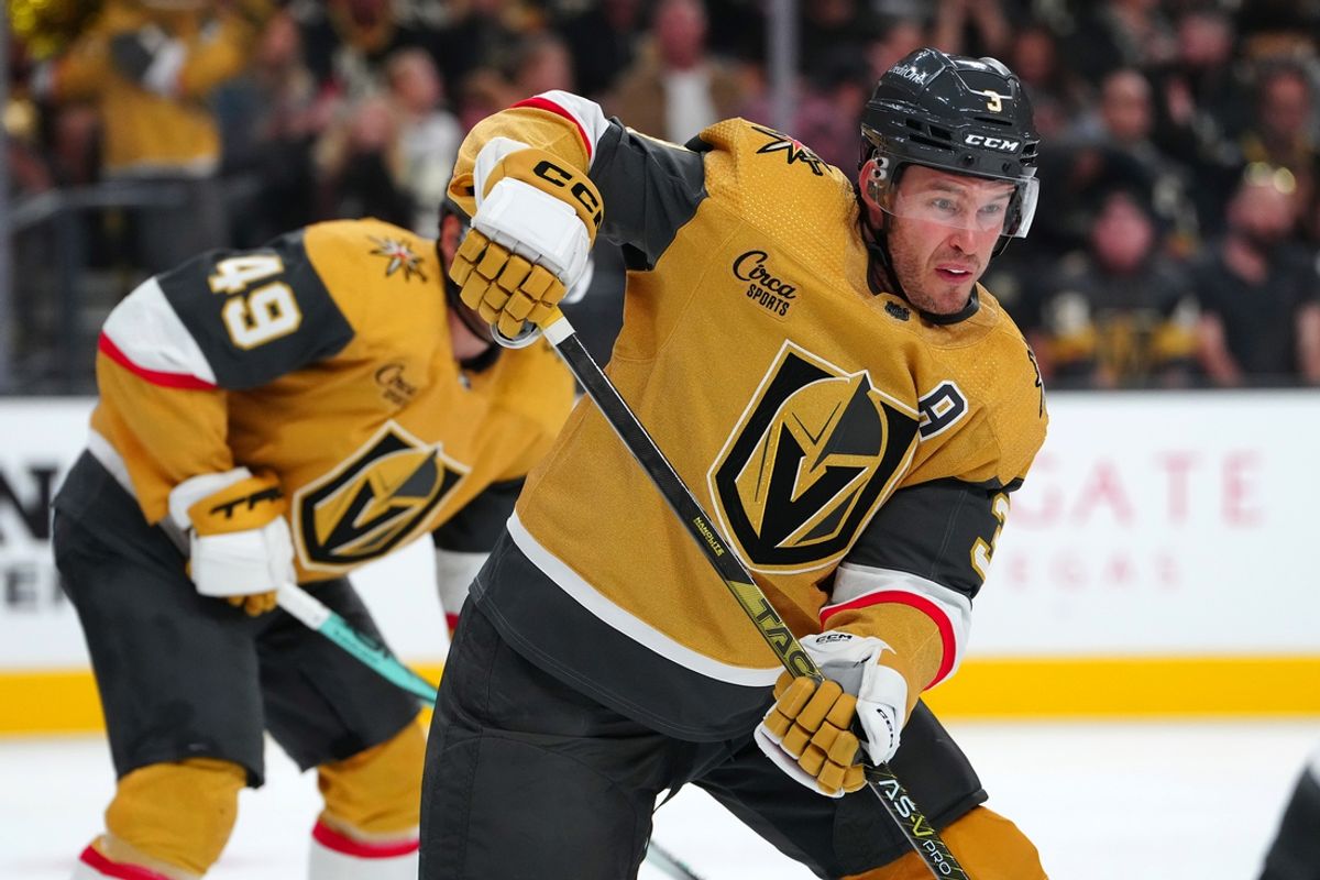 Oct 14, 2023; Las Vegas, Nevada, USA; Vegas Golden Knights defenseman Brayden McNabb (3) skates against the Anaheim Ducks during the first period at T-Mobile Arena. Mandatory Credit: Stephen R. Sylvanie-Imagn Images
