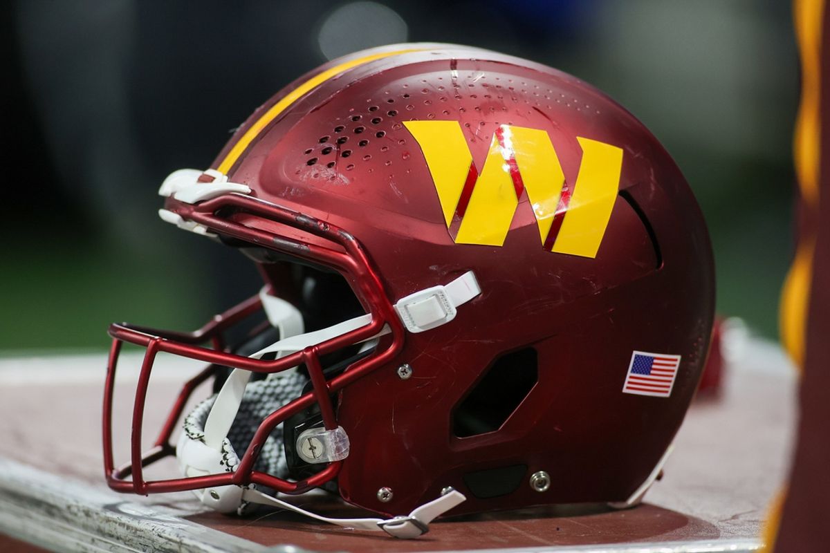 Oct 15, 2023; Atlanta, Georgia, USA; A Washington Commanders helmet on the sideline against the Atlanta Falcons in the second half at Mercedes-Benz Stadium. Mandatory Credit: Brett Davis-Imagn Images