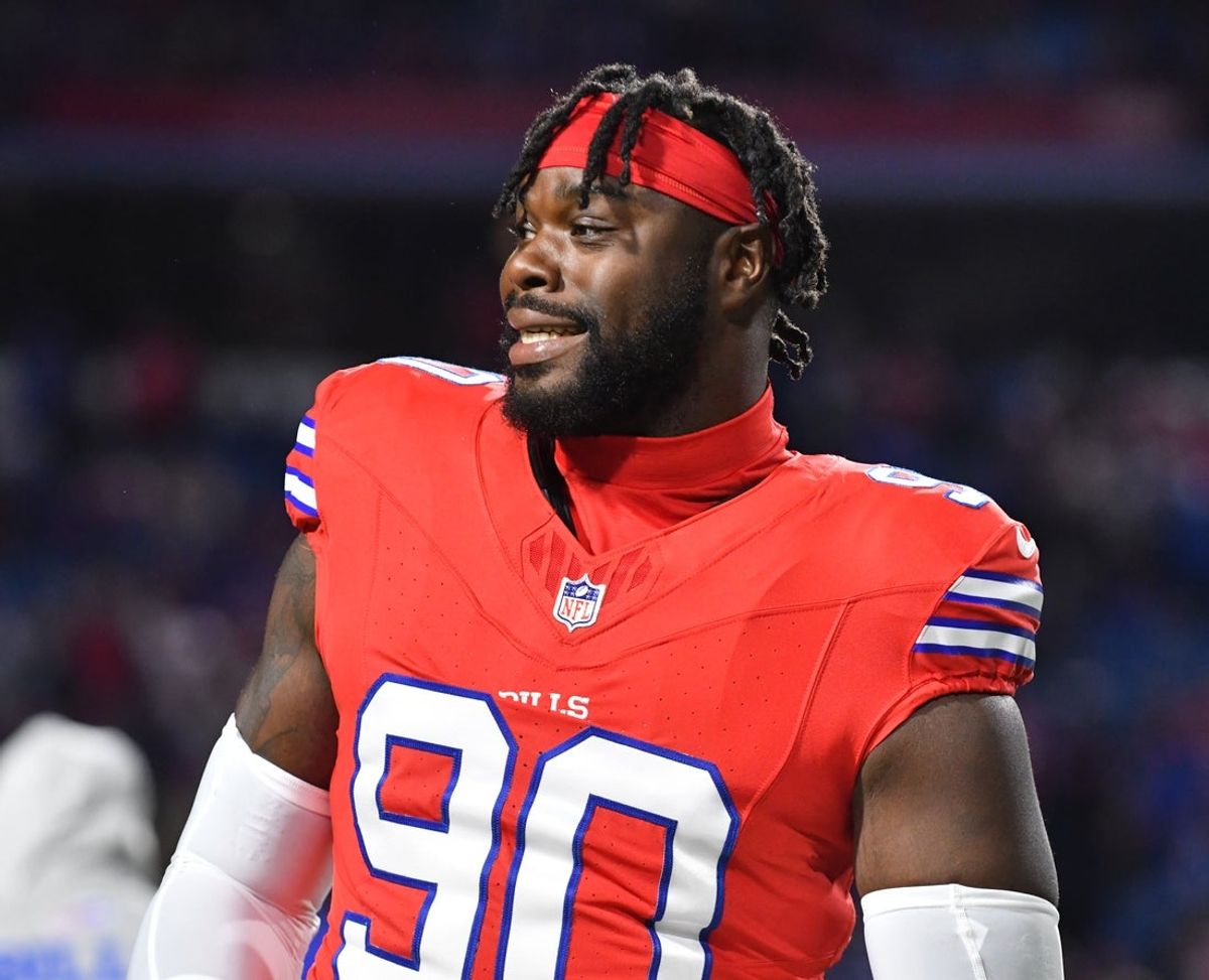 Oct 15, 2023; Orchard Park, New York, USA; Buffalo Bills defensive end Shaq Lawson (90) warms up before a game New York Giants at Highmark Stadium. Mandatory Credit: Mark Konezny-Imagn Images