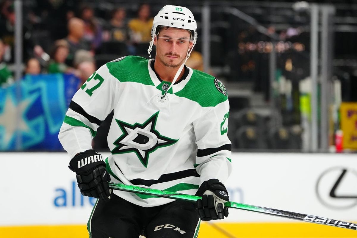 Oct 17, 2023; Las Vegas, Nevada, USA; Dallas Stars left wing Mason Marchment (27) warms up before a game against the Vegas Golden Knights at T-Mobile Arena. Mandatory Credit: Stephen R. Sylvanie-Imagn Images