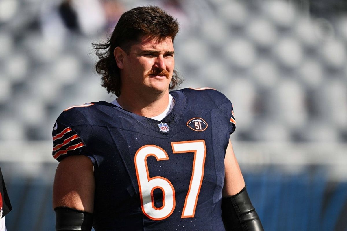 Oct 15, 2023; Chicago, Illinois, USA;  Chicago Bears offensive lineman Dan Feeney (67) warms up before a game against the Minnesota Vikings at Soldier Field. Mandatory Credit: Jamie Sabau-Imagn Images