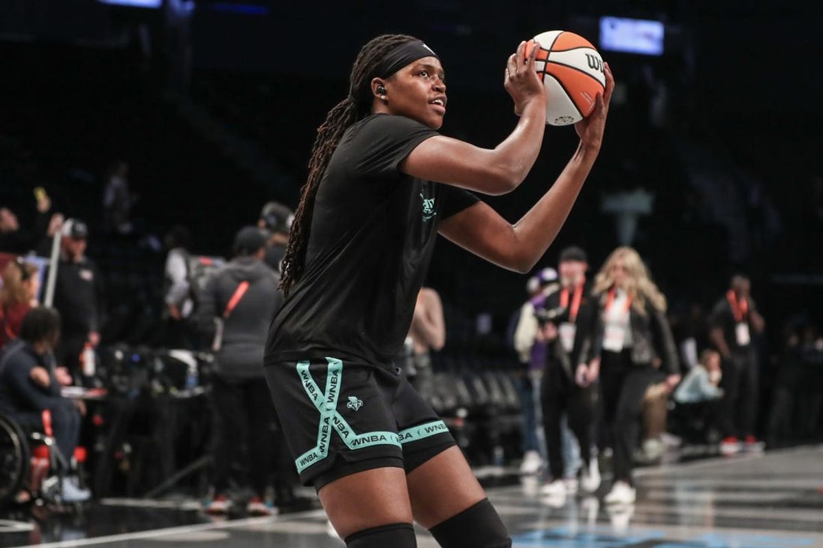 Oct 18, 2023; Brooklyn, New York, USA; New York Liberty forward Jonquel Jones (35) during pregame warmups prior to game four of the 2023 WNBA Finals at Barclays Center. Mandatory Credit: Wendell Cruz-USA TODAY Sports