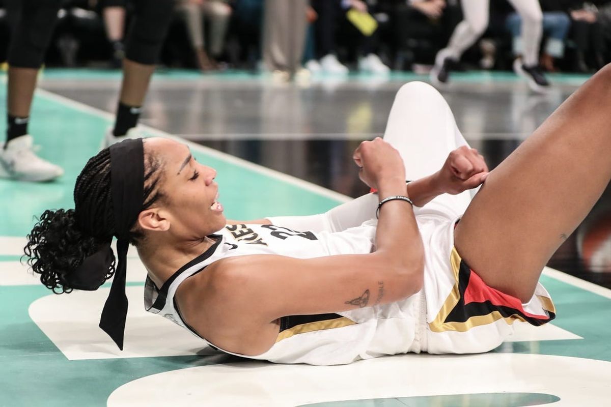 Oct 18, 2023; Brooklyn, New York, USA; Las Vegas Aces forward A'ja Wilson (22) reacts after being fouled on a made basket in the second quarter against the New York Liberty during game four of the 2023 WNBA Finals at Barclays Center. Mandatory Credit: Wendell Cruz-USA TODAY Sports