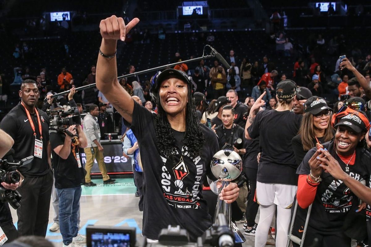 Oct 18, 2023; Brooklyn, New York, USA; Las Vegas Aces forward A'ja Wilson (22) celebrates after winning thhe 2023 WNBA Finals at Barclays Center. Mandatory Credit: Wendell Cruz-USA TODAY Sports