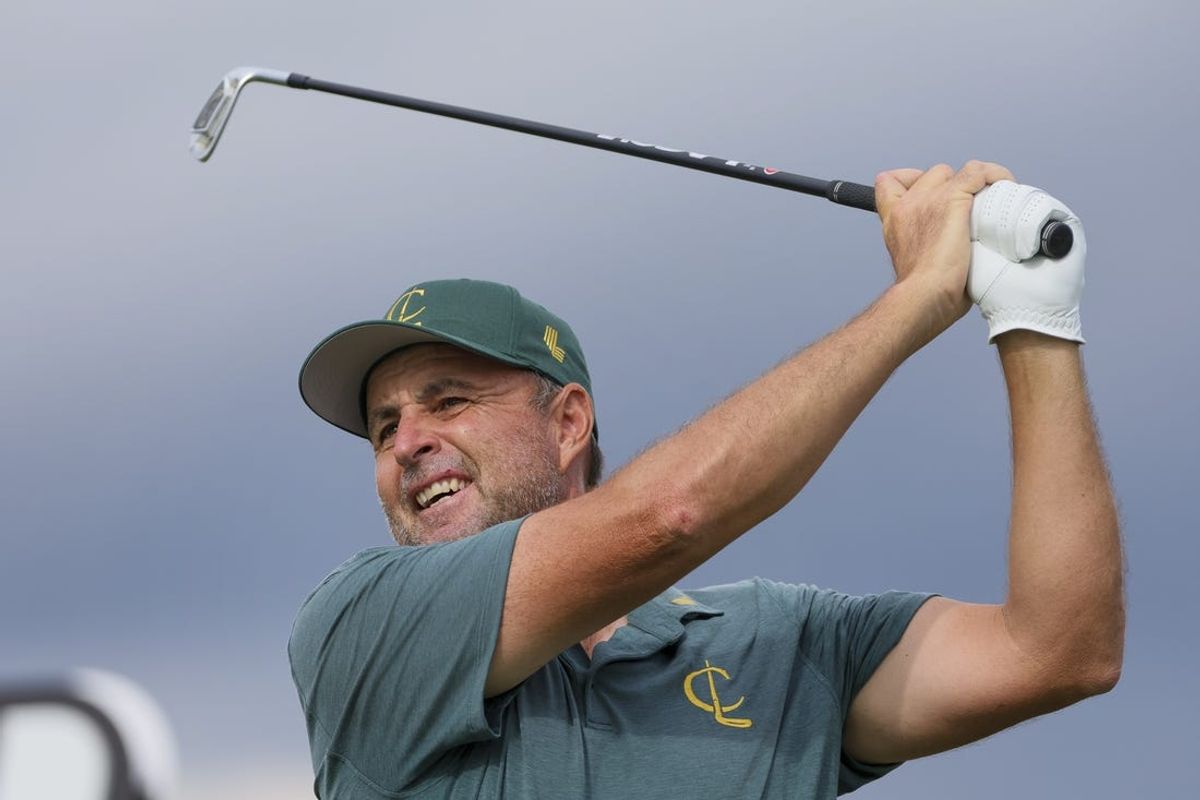Oct 20, 2023; Doral, Florida, USA; Richard Bland plays his shot from the fourth tee during the first round of the LIV Golf Miami golf tournament at Trump National Doral. Mandatory Credit: Sam Navarro-USA TODAY Sports
