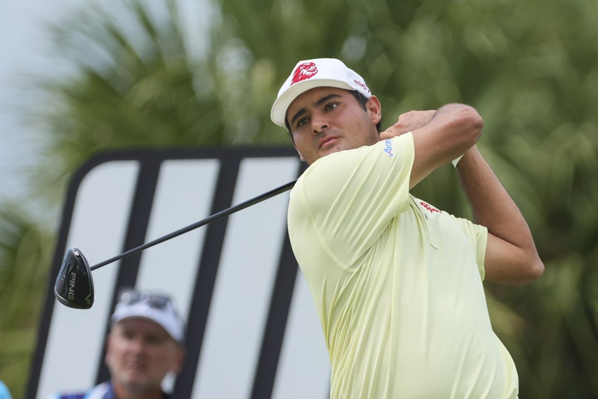 Oct 20, 2023; Doral, Florida, USA; Eugenio Chacarra plays his shot from the eighth tee during the first round of the LIV Golf Miami golf tournament at Trump National Doral. Mandatory Credit: Sam Navarro-Imagn Images